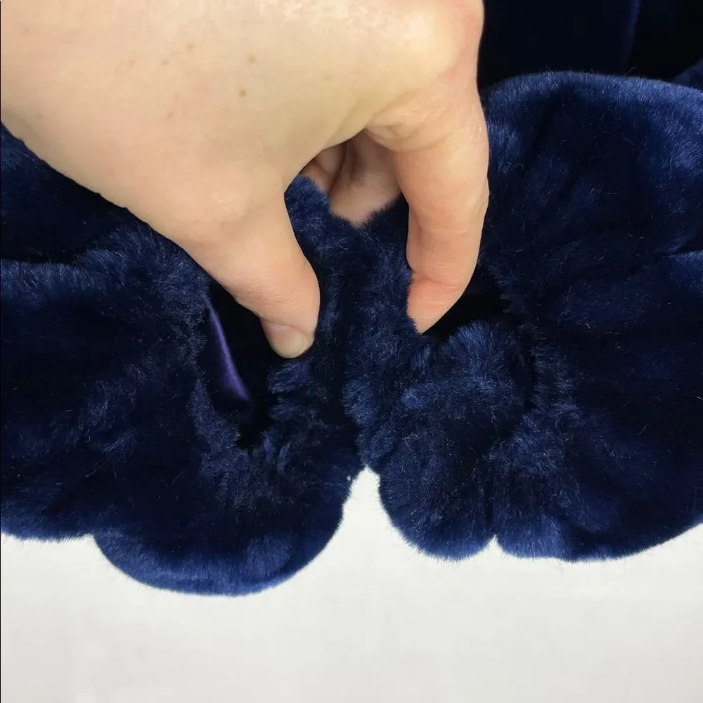 Vintage 1980s Jordache Faux Fur & Faux Leather Dark Blue Hooded Winter Coat